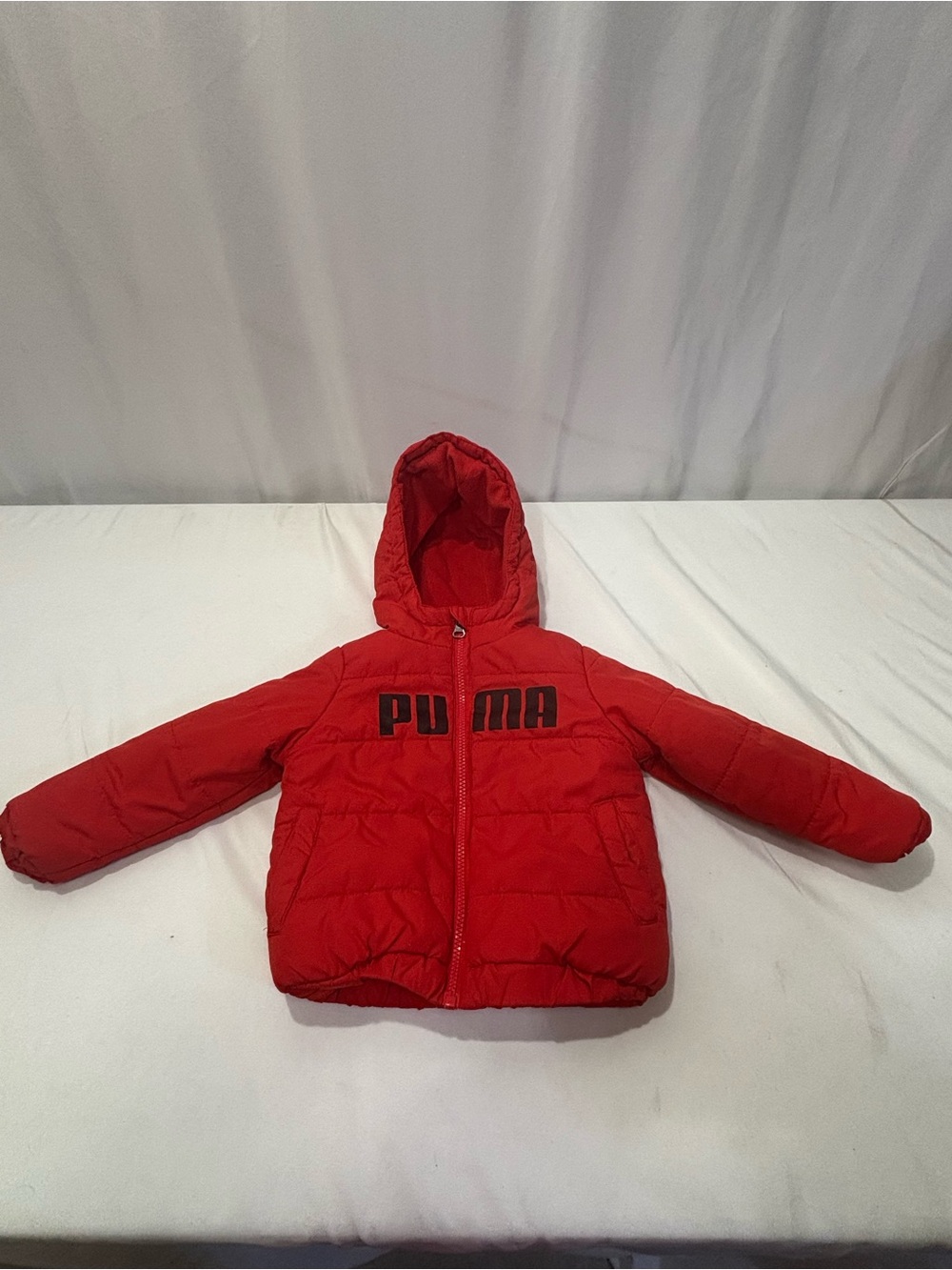 PUMA Kids Red Puffer Jacket Hooded Winter Coat Toddler Youth Warm Zip Up Sz 2T